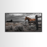 Rustic Horse, Country Fence, Western Scene, Moody Skies – Framed Canvas Print, Farmhouse Wall Art, Autumn Decor, Cabin Living, Cowboy Vibe