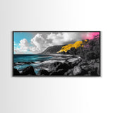 Vibrant Coastline, Yellow Cliff, Blue Ocean, Tropical Escape – Framed Canvas Print, Beach Wall Art, Boho Decor, Hawaii Inspired Room Vibe