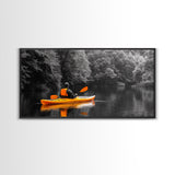 Kayaker Journey, Autumn Paddle, Wilderness Escape, Forest Calm – Canvas Print, Adventure Wall Art, Man Cave Decor, Nature Exploration Scene