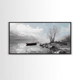 Solitary Boat, Alpine Lake, Tranquil Shore, Winter Silence – Canvas Print, Minimalist Wall Art, Bedroom Decor, Scandinavian Aesthetic