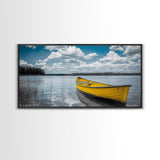 Yellow Rowboat, Calm Waters, Blue Sky, Sunny Lake – Framed Canvas Print, Summer Wall Art, Coastal Decor, Modern Nautical Style