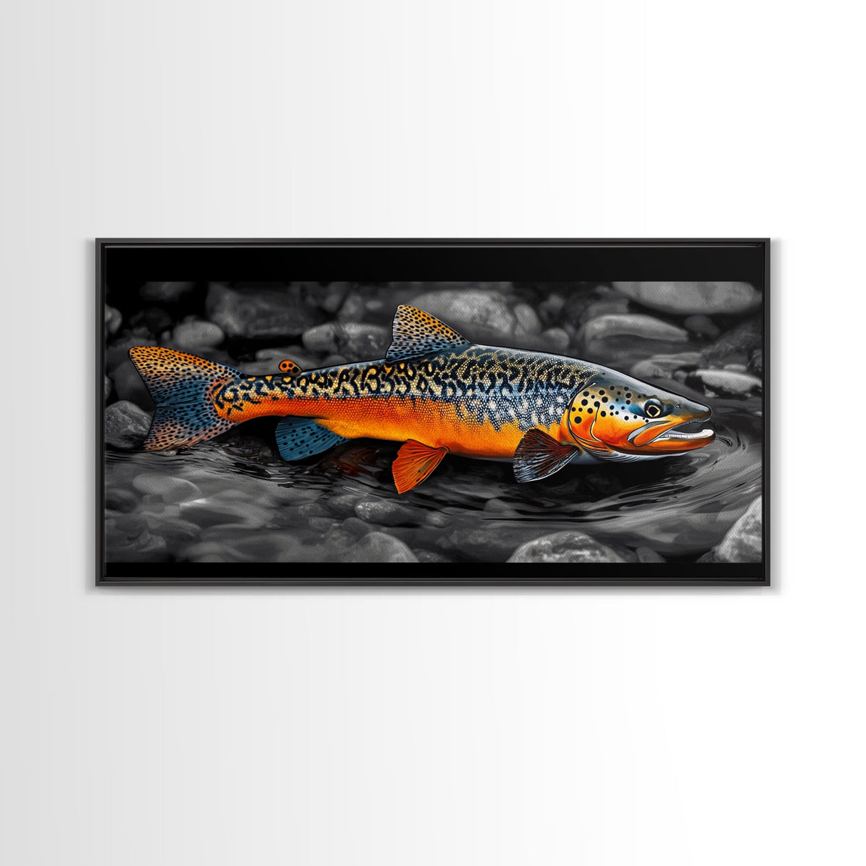 Rainbow Trout, Colorful Fish, Bold Patterns, River Stream – Framed Canvas Print, Fishing Wall Art, Cabin Decor, Rustic Wildlife
