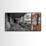 Lake Porch, Autumn Trees, Rocking Chairs, Sunset Serenity – Canvas Print, Fall Wall Art, Country Home Decor, Rustic Americana Landscape