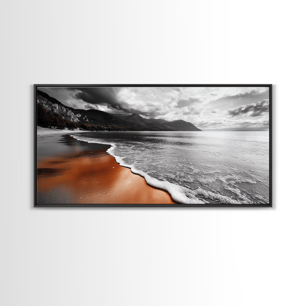 Sunset Shore, Moody Coastline, Crimson Reflections, Stormy Skies – Framed Canvas Print, Beach Wall Art, Coastal Living Room Decor