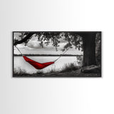 Red Hammock, Lakeside View, Tranquil Nature, Tree Shade, Framed Canvas Print, Boho Wall Art, Bedroom Decor, Relaxing Forest Landscape