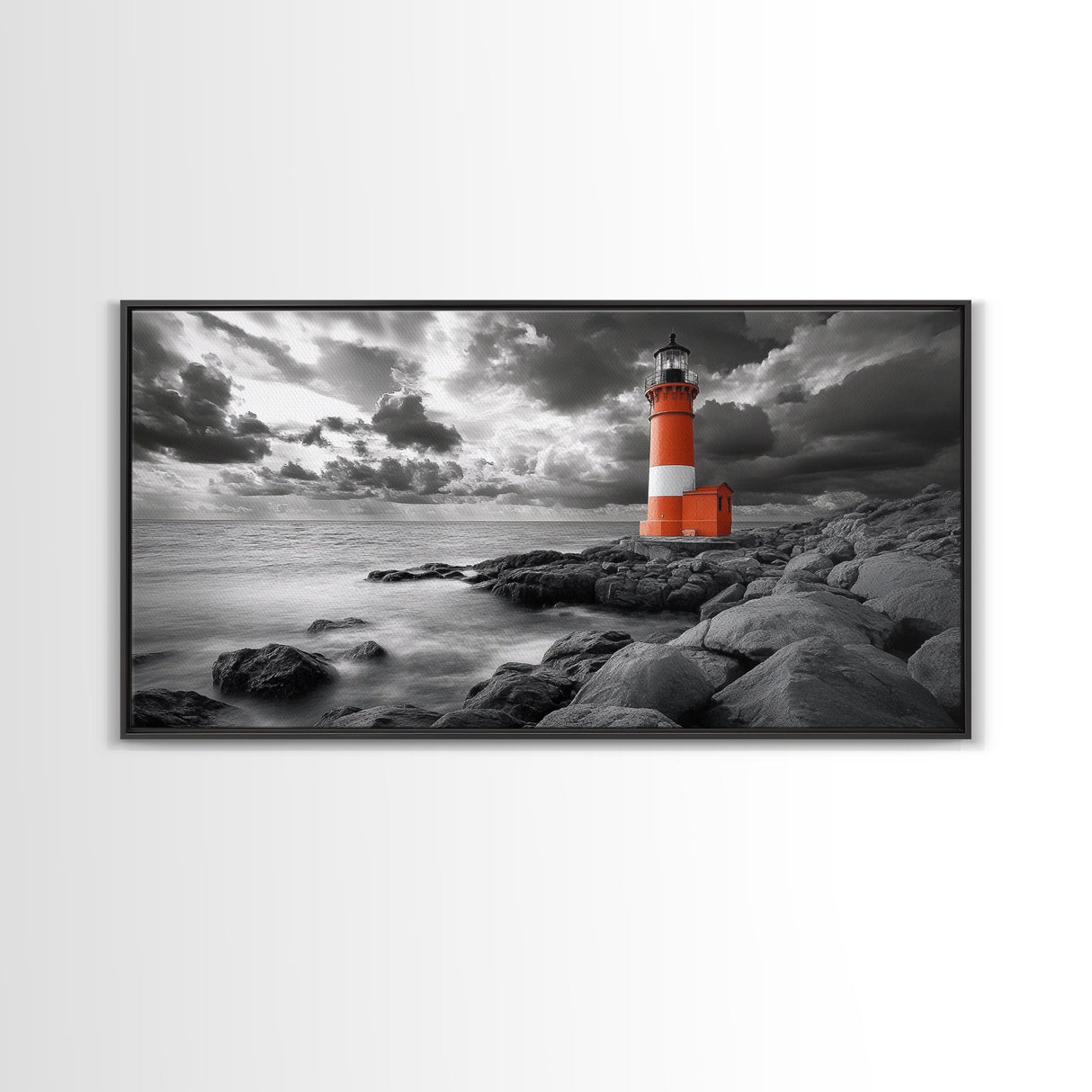 Red Lighthouse, Stormy Sea, Rocky Shore, Moody Coastal, Framed Canvas Print, Nautical Wall Art, Dramatic Bathroom Decor, Ocean Vibes