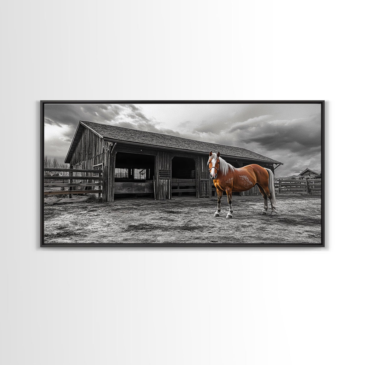 Rustic Horse, Country Barn, Moody Sky, Farm Vibes, Framed Canvas Print, Western Decor, Farmhouse Wall Art, Living Room Accent, Fall Art
