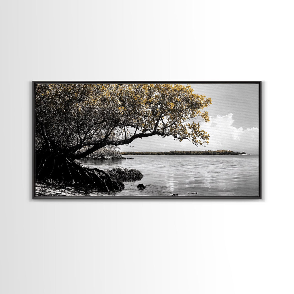 Mangrove Tree, Coastal Roots, Golden Leaves, Ocean View, Framed Canvas Print, Beach House Art, Nature Wall Decor, Minimal Coastal Vibe