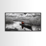 Solitary Canoe, Peaceful Waters, Cloudy Sky, Red Shirt, Framed Canvas Print, Nature Explorer Gift, Cabin Wall Art, Rustic Fall Scene