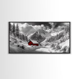 Red Cabin, Winter Mountains, Snow Forest, Canvas Print, Christmas Wall Art, Rustic Lodge Decor, Landscape Photography, Bedroom Art