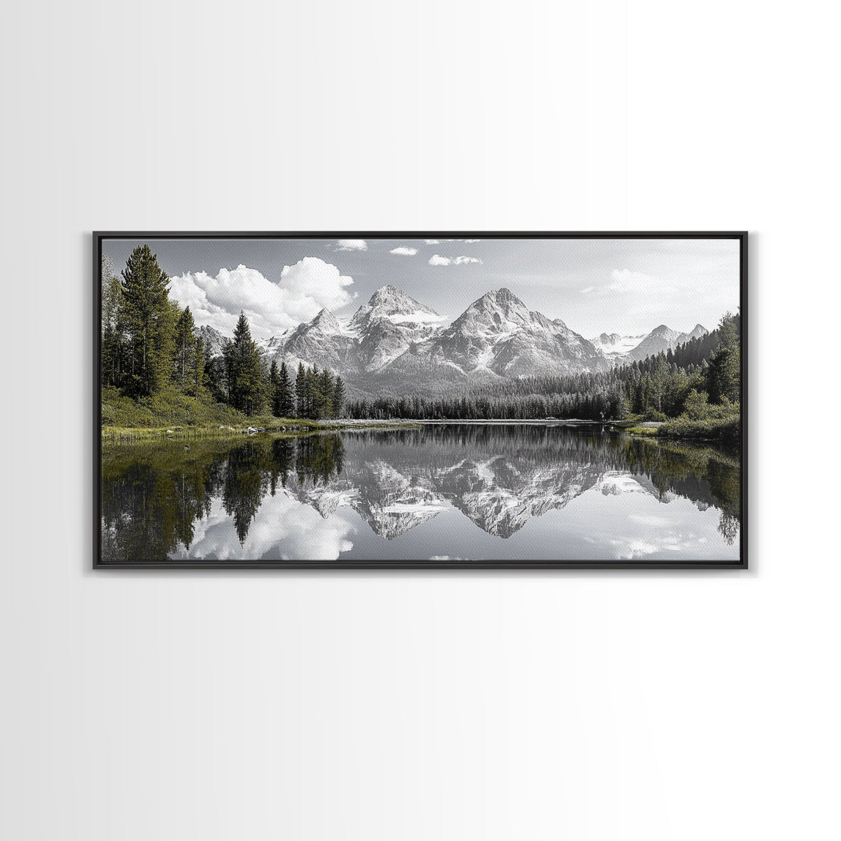 Serene Lake, Snowy Peaks, Forest Reflection, Canvas Print, Nature Photography, Modern Living Room Art, Black White Green Decor