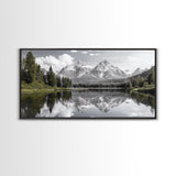 Serene Lake, Snowy Peaks, Forest Reflection, Canvas Print, Nature Photography, Modern Living Room Art, Black White Green Decor