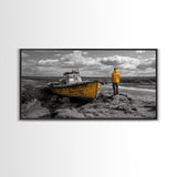 Yellow Boat, Lonely Man, Moody Shore, Framed Canvas Print, Coastal Wall Art, Nautical Decor, Masculine Home Office Style