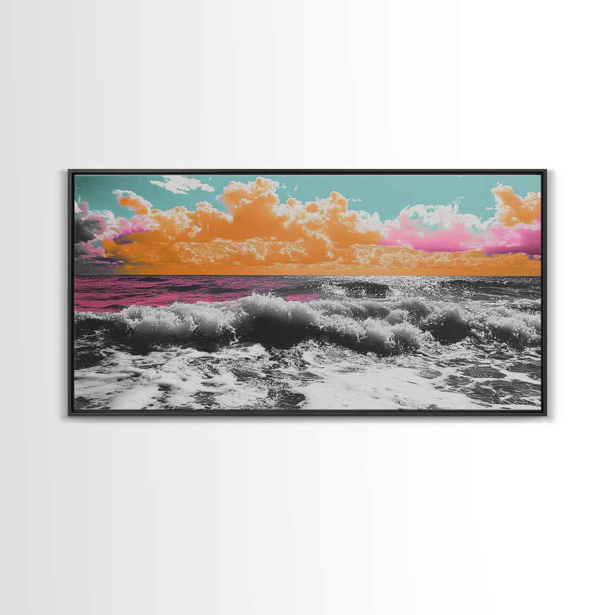 Vibrant Ocean, Sunset Sky, Colorful Waves, Canvas Print, Surreal Coastal Wall Art, Bathroom Decor, Modern Beach Aesthetic