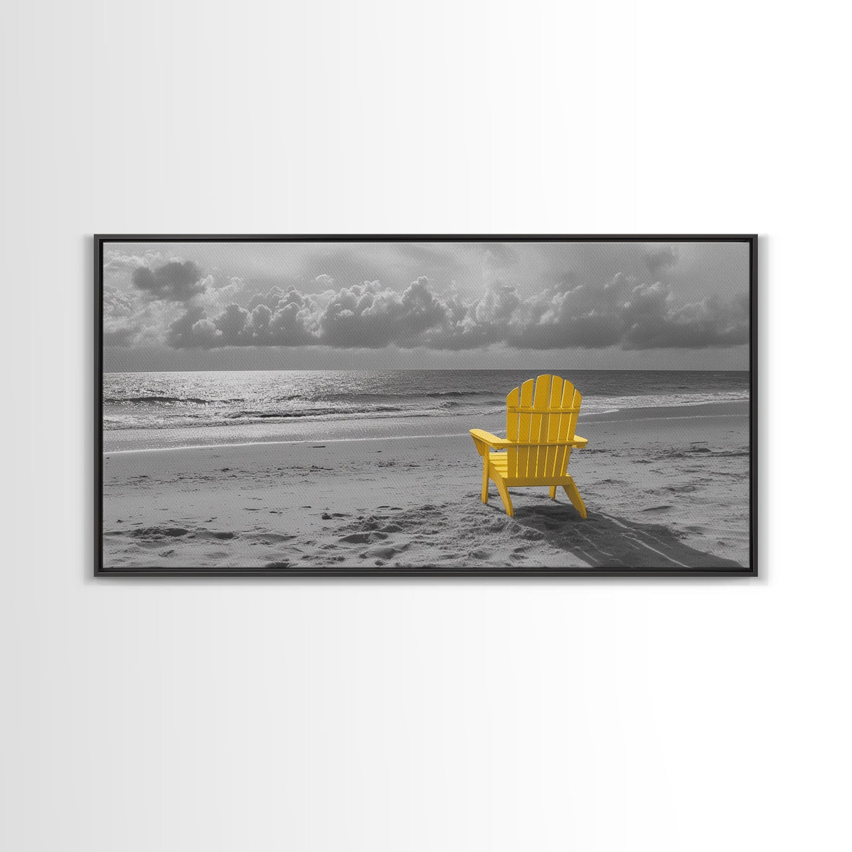Yellow Chair, Tranquil Beach, Ocean Horizon, Canvas Print, Minimalist Beach Wall Art, Guest Room Decor, Calm Coastal Scene