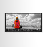 Rooftop View, Urban Woman, Brooklyn Bridge, Reflective Mood, Framed Canvas Print, Modern City Wall Art, Inspirational Office Decor
