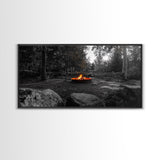 Forest Campfire, Glowing Flames, Outdoor Retreat, Cozy Autumn, Framed Canvas Print, Rustic Wall Decor, Fall Living Room Art, Nature Scene