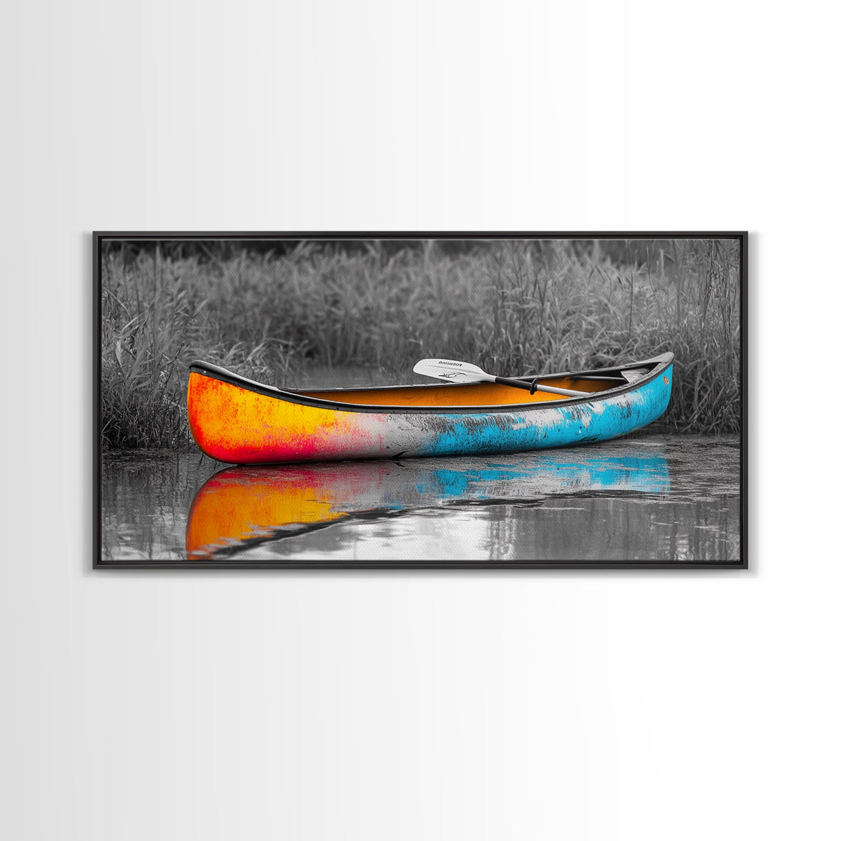 Painted Canoe, River Reflections, Nature Boating, Color Pop Art, Canvas Print, Lakeside Wall Decor, Adventure Theme, Rustic Office Art