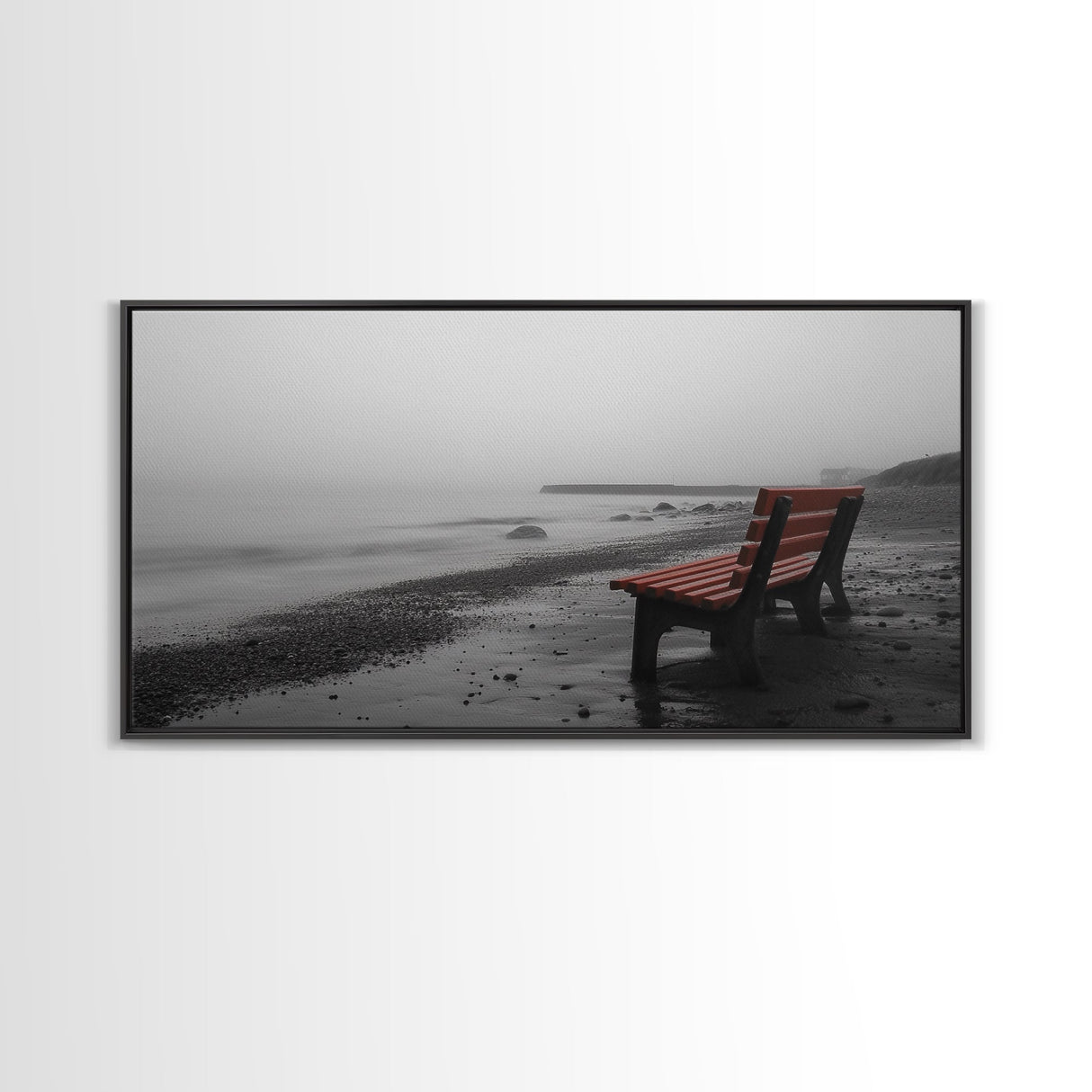 Red Bench Fog, Moody Coastal Morning, Framed Canvas Print, Minimalist Beach Wall Art, Modern Entryway Decor, Black and White Vibes