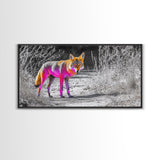 Neon Fox Portrait, Vibrant Wildlife Path Scene, Bright Nature Animal, Framed Canvas Print, Bedroom Wall Art, Psychedelic Animal Style