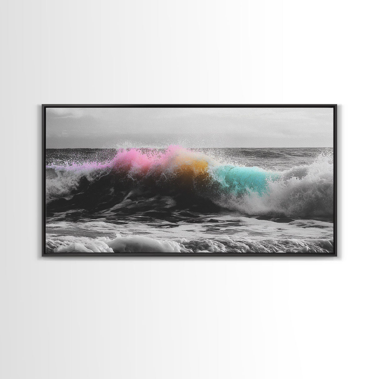 Rainbow Ocean Wave, Vibrant Sea Spray Art, Color Explosion Surf, Framed Canvas Print, Bathroom Wall Art, Coastal Modern Abstract