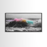 Rainbow Ocean Wave, Vibrant Sea Spray Art, Color Explosion Surf, Framed Canvas Print, Bathroom Wall Art, Coastal Modern Abstract
