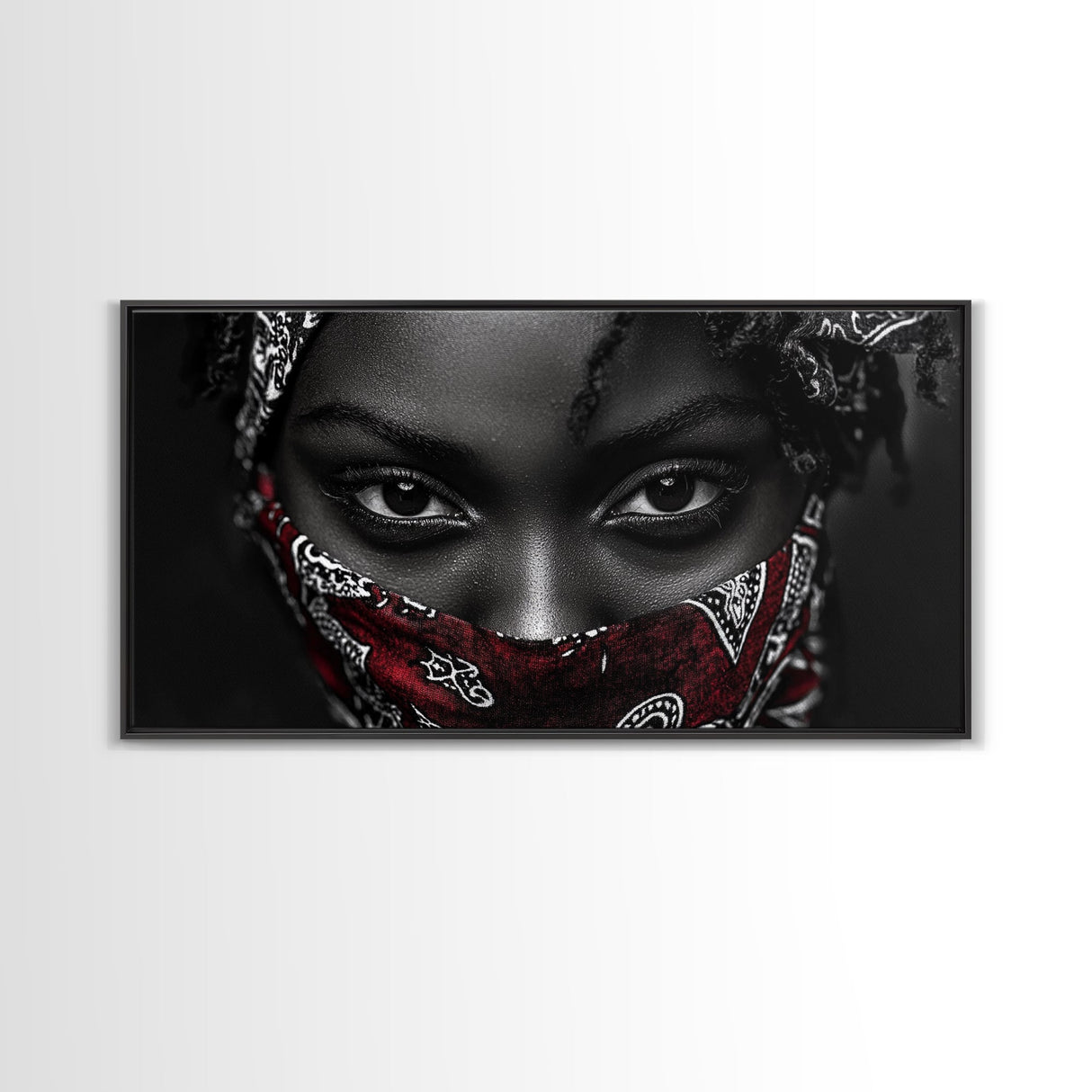 Fierce Eyes, Red Bandana, Bold Portrait, Afro Art, Framed Canvas Print, Bedroom Wall Art, Powerful Gaze, Monochrome With Red Accent