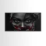 Fierce Eyes, Red Bandana, Bold Portrait, Afro Art, Framed Canvas Print, Bedroom Wall Art, Powerful Gaze, Monochrome With Red Accent