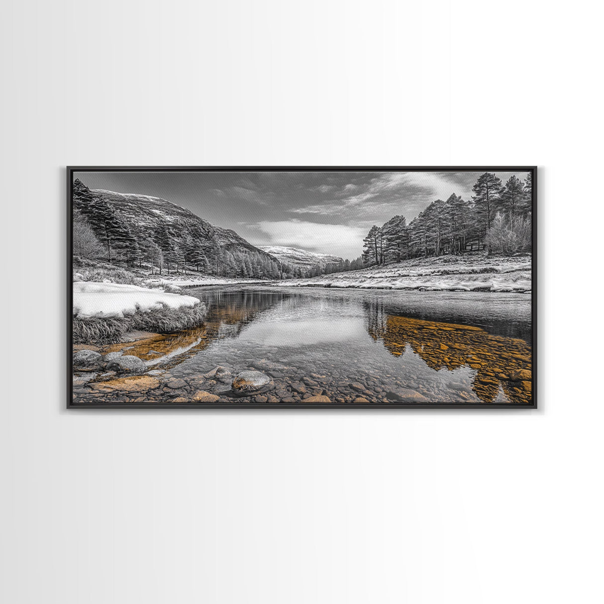 Snow River Scene, Winter Landscape, Peaceful Stream, Framed Canvas Print, Rustic Cabin Decor, Nature Wall Art, Minimalist Winter Aesthetic