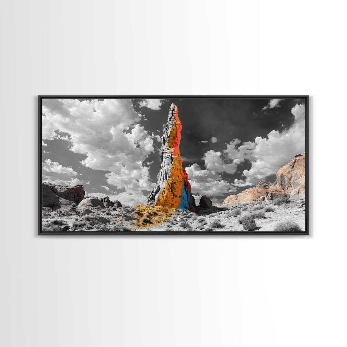 Color Rock Spire, Dramatic Sky, Desert Tower, Framed Canvas Print, Surreal Landscape Art, Southwest Decor, Living Room Adventure Vibe
