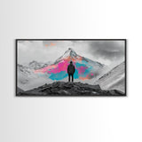 Rainbow Mountain, Vibrant Summit, Hiker Adventure, Canvas Print, Surreal Landscape Art, Wanderlust Wall Decor, Modern Office Artwork