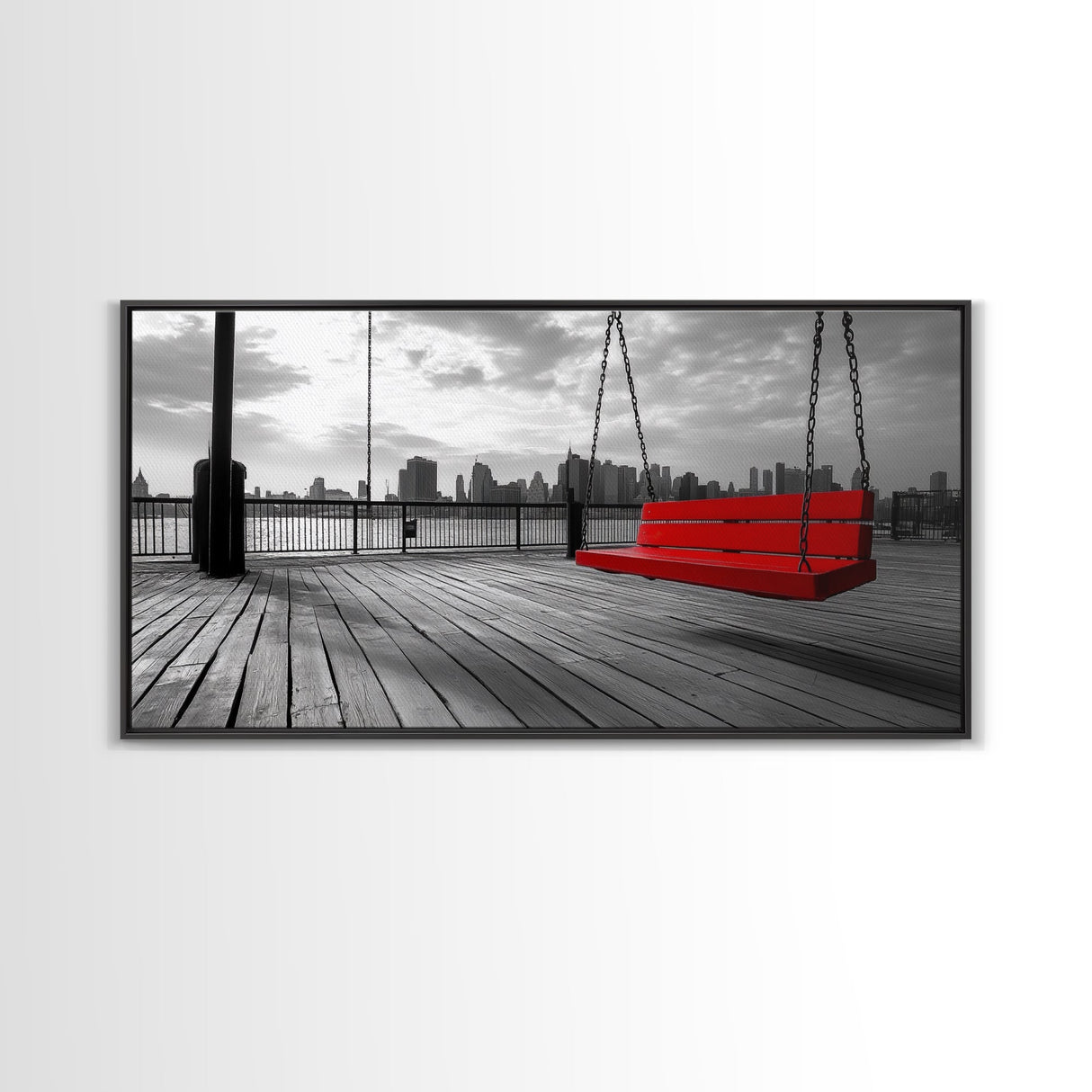 Red Swing, Skyline View, Urban Romance, Canvas Print, Cityscape Wall Art, Modern Minimalist Decor, Contemporary Bedroom Accent