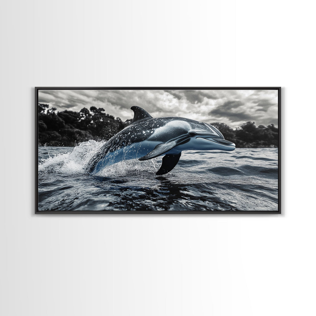 Jumping Dolphin, Ocean Splash, Monochrome Water, Framed Canvas Print, Coastal Wall Art, Bathroom Nautical Decor, Marine Life Photography