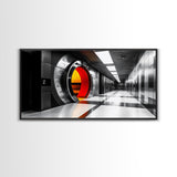 Vault Door, Futuristic Hallway, Urban Industrial Art, Sci Fi Decor, Framed Canvas Print, Office Wall Art, Red Orange Interior Glow