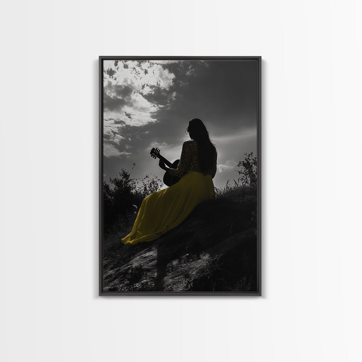 Yellow Dress, Guitar Girl, Sunset Silhouette Scene, Framed Canvas Print, Boho Music Lover Wall Art, Bedroom Fall Vibes Decor