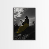 Yellow Dress, Guitar Girl, Sunset Silhouette Scene, Framed Canvas Print, Boho Music Lover Wall Art, Bedroom Fall Vibes Decor
