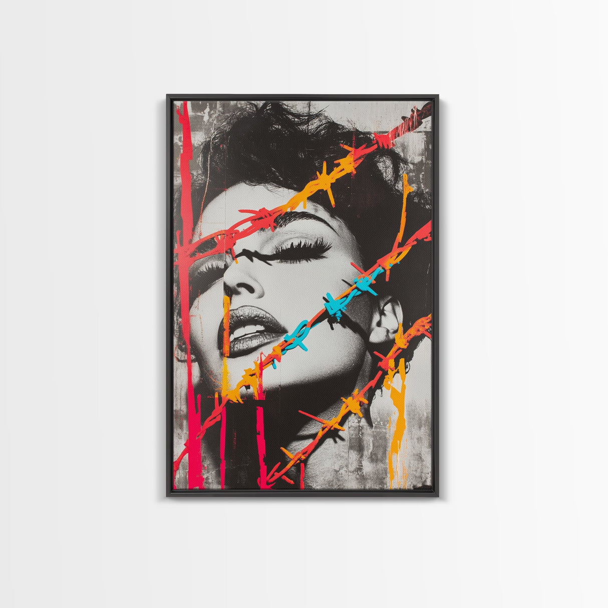 Neon Barbed Beauty, Graffiti Glam, Bold Portrait, Framed Canvas Print, Urban Wall Art, Edgy Bedroom Decor, Pop Art Style Statement