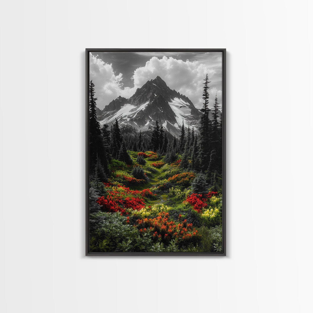 Mountain Flowers, Nature Trail, Alpine Beauty, Evergreen Path, Framed Canvas Print, Landscape Photography, Cabin Wall Art, Nature Decor