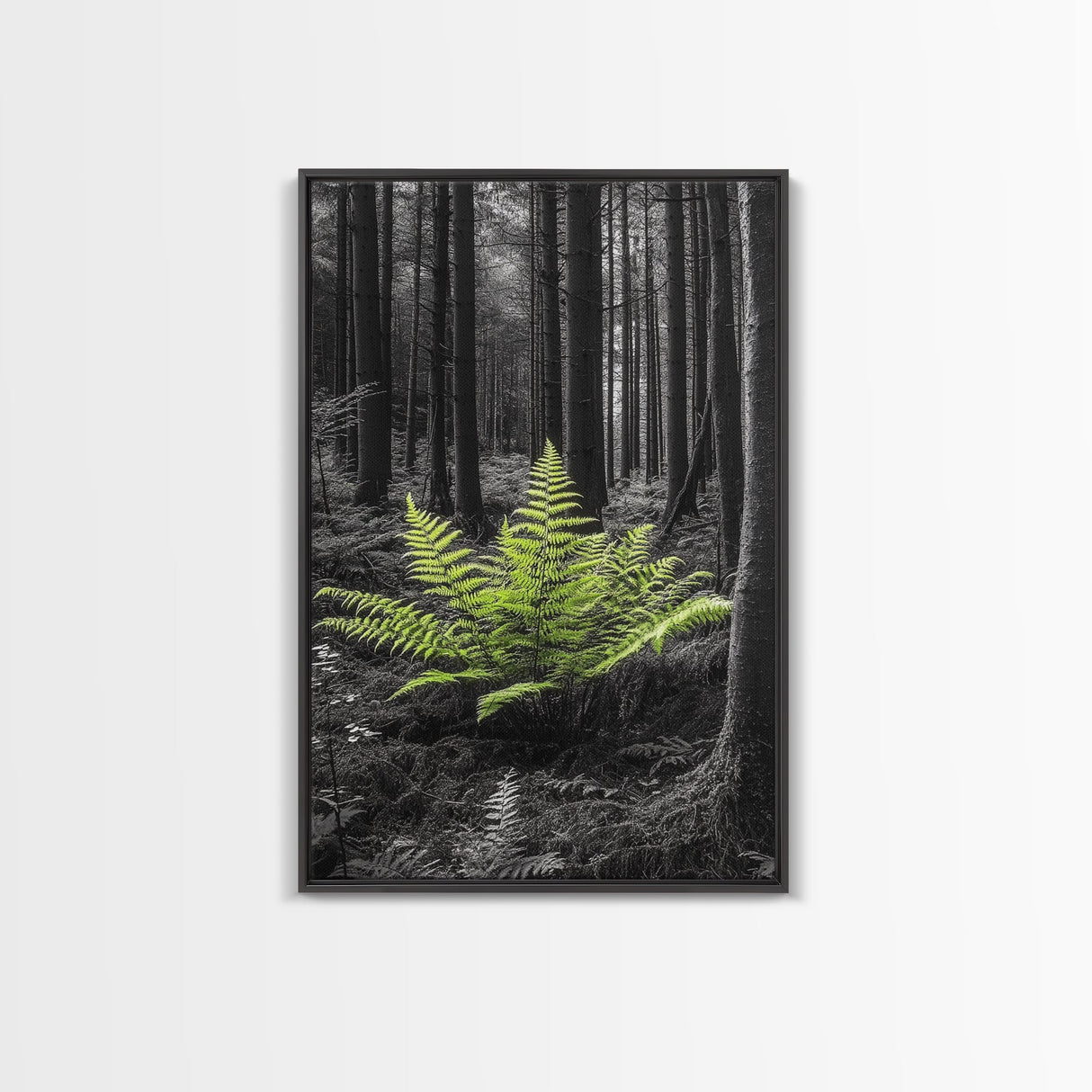 Green Fern, Forest Focus, Lush Nature, Woodland Light, Framed Canvas Print, Botanical Wall Art, Bedroom Decor, Minimalist Plant Art