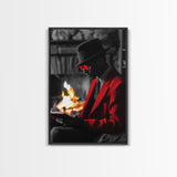 Red Jacket, Reading Firelight, Cozy Vibes, Stylish Man, Framed Canvas Print, Fall Wall Art, Office Decor, Modern Masculine Art
