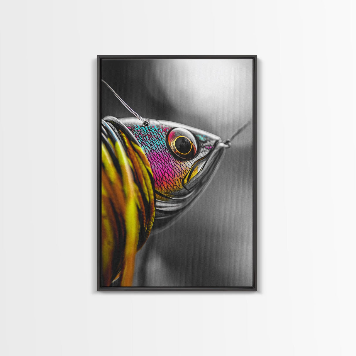 Colorful Lure, Fishing Hook, Bold Scales, Rainbow Detail, Framed Canvas Print, Man Cave Art, Fishing Decor, Vibrant Realism Wall Art
