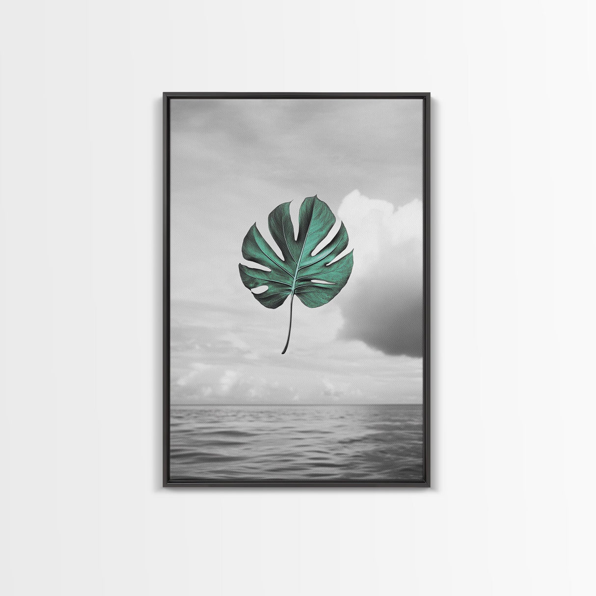 Monstera Leaf, Ocean Breeze, Tropical Minimalism, Floating Leaf, Framed Canvas Print, Modern Bathroom Art, Boho Decor, Tropical Wall Art
