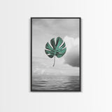 Monstera Leaf, Ocean Breeze, Tropical Minimalism, Floating Leaf, Framed Canvas Print, Modern Bathroom Art, Boho Decor, Tropical Wall Art