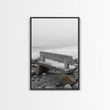 Seaside Bench, Rocky Shore, Ocean Fog, Coastal Calm, Framed Canvas Print, Minimalist Beach Art, Coastal Decor, Serene Ocean View