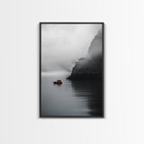 Red Boat, Foggy Coast, Seaside Cliff, Misty Water, Canvas Print, Moody Nautical Wall Art, Minimalist Ocean Decor, Scandinavian Style Art