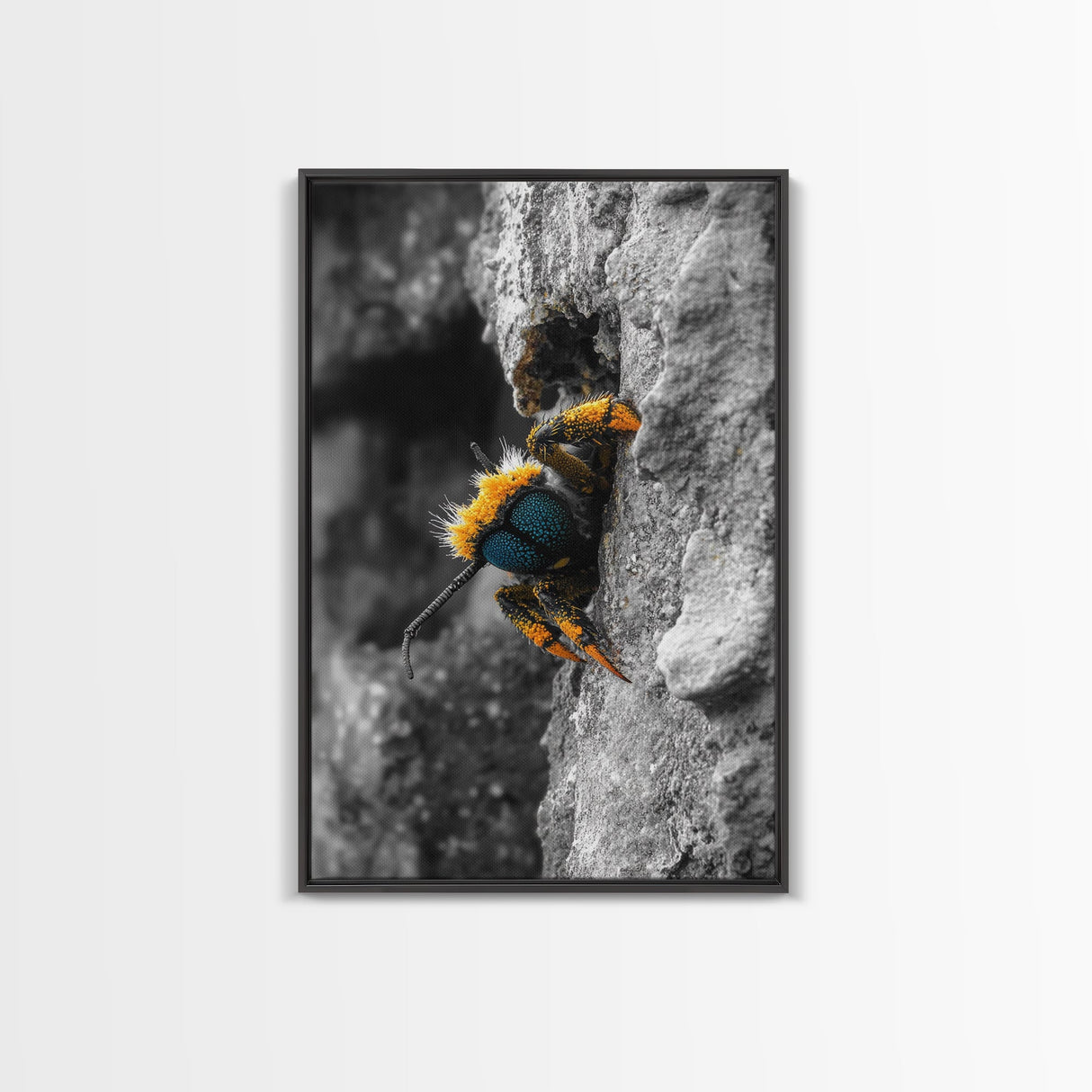 Fuzzy Bee Closeup, Insect Macro, Nature Texture, Framed Canvas Print, Wildlife Wall Art, Entomology Decor, Nature Photography