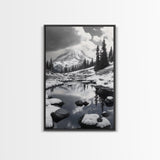 Snowy Mountain, Winter Landscape, Reflection Lake, Canvas Print, Black and White Nature Art, Cabin Wall Art, Adventure Photography