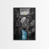 Canyon Bridge, Blue River, Yellow Figure, Framed Canvas Print, Bold Color Photography, Dramatic Landscape, Office Statement Art