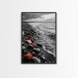 Red Shoreline, Bold Pebbles, Coastal Mood, Canvas Print, Nautical Wall Art, Moody Landscape, Black White Red Art, Nature Lover Gift