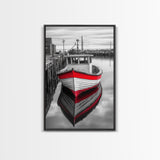 Red Fishing Boat, Harbor Calm, Nautical Charm, Canvas Print, Coastal Kitchen Wall Art, Maritime Theme, Seaside Decor, Rustic Water Scene